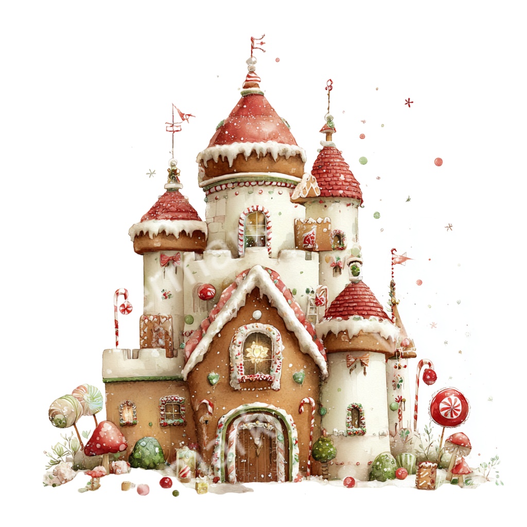 【商用利用OK】ジンジャーブレッドハウスイラストPNG24点セット|水彩クリスマス素材・コラージュ・手帳デコ向け