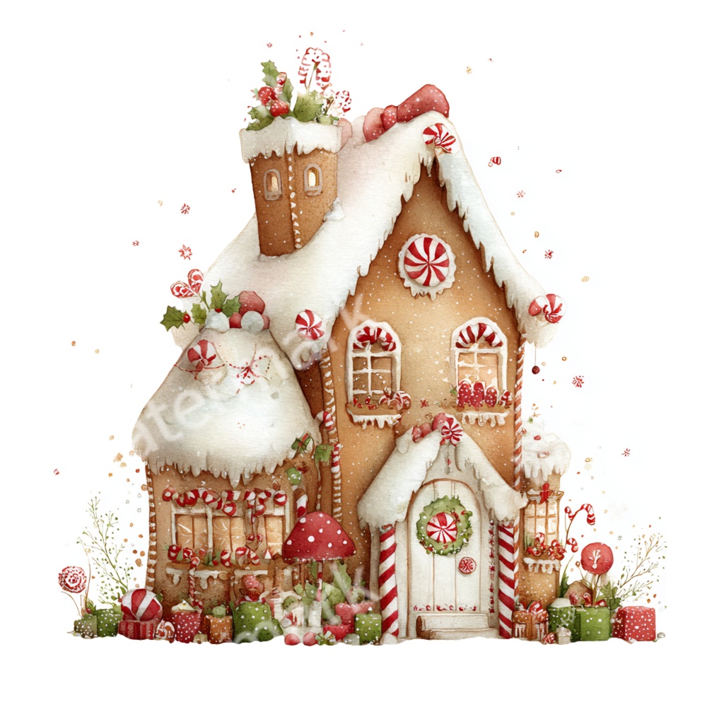 【商用利用OK】ジンジャーブレッドハウスイラストPNG24点セット|水彩クリスマス素材・コラージュ・手帳デコ向け