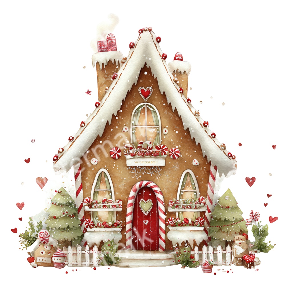 【商用利用OK】ジンジャーブレッドハウスイラストPNG24点セット|水彩クリスマス素材・コラージュ・手帳デコ向け