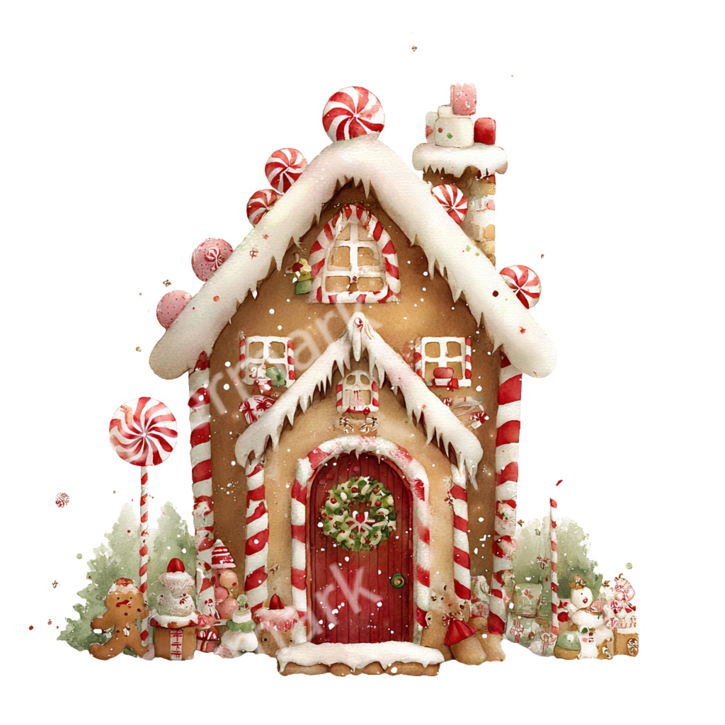 【商用利用OK】ジンジャーブレッドハウスイラストPNG24点セット|水彩クリスマス素材・コラージュ・手帳デコ向け