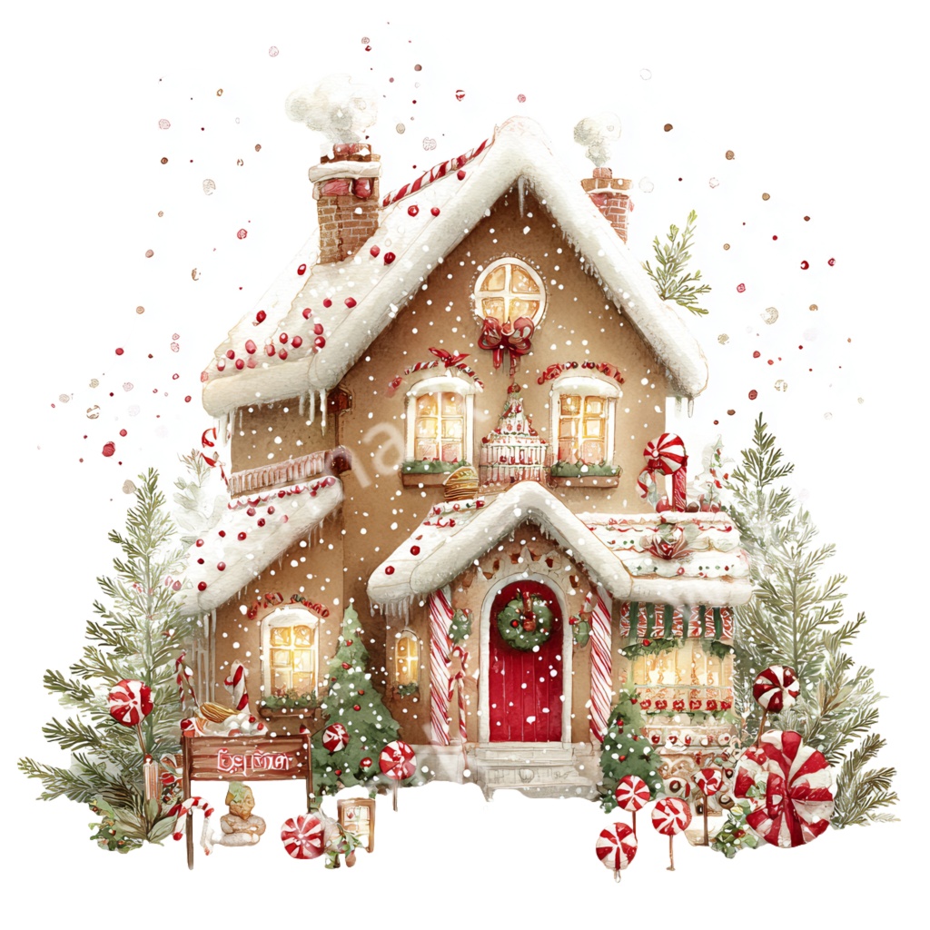 【商用利用OK】ジンジャーブレッドハウスイラストPNG24点セット|水彩クリスマス素材・コラージュ・手帳デコ向け