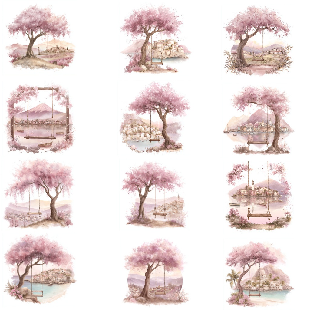 【商用利用OK】桜の木とブランコのクリップアートJPG20点セット|水彩日本風景素材・春のイラスト・ジャンクジャーナル向け