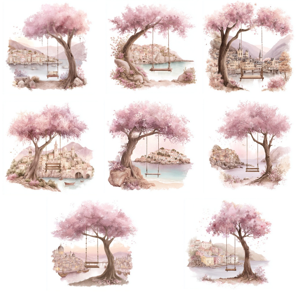 【商用利用OK】桜の木とブランコのクリップアートJPG20点セット|水彩日本風景素材・春のイラスト・ジャンクジャーナル向け