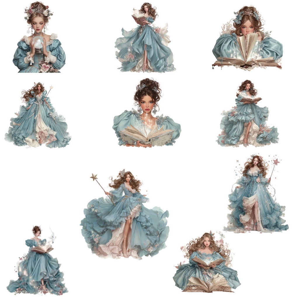 【商用利用OK】ファンタジープリンセスクリップアートPNG34点セット|水彩お姫様素材・ジャンクジャーナル向け
