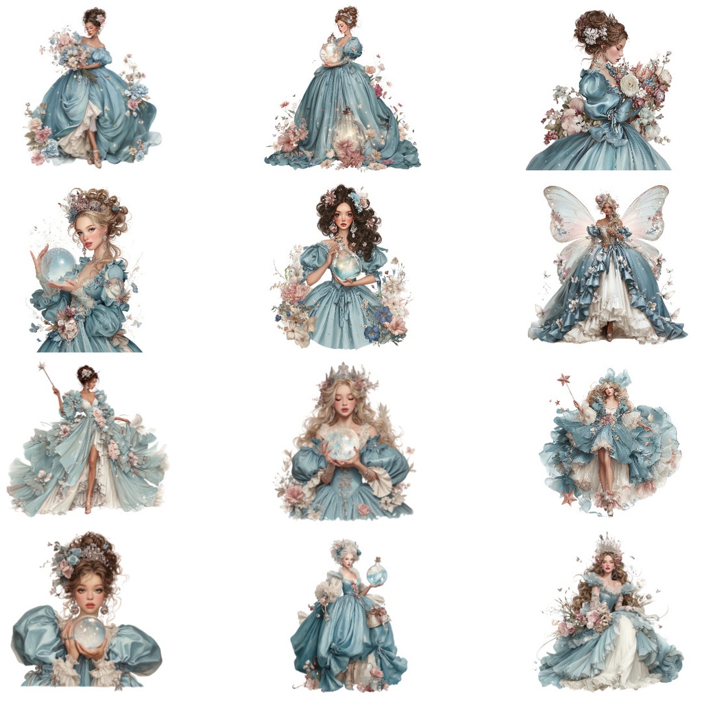 【商用利用OK】ファンタジープリンセスクリップアートPNG34点セット|水彩お姫様素材・ジャンクジャーナル向け
