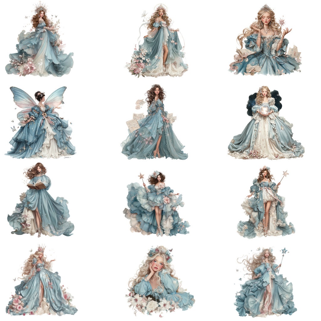 【商用利用OK】ファンタジープリンセスクリップアートPNG34点セット|水彩お姫様素材・ジャンクジャーナル向け
