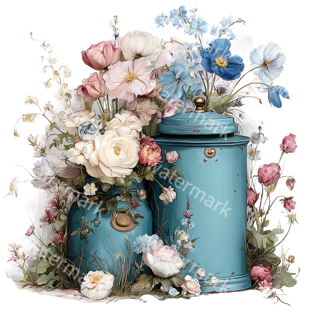 【商用利用OK】花あふれるヴィンテージ缶イラストPNG|水彩シャビーシック素材・カントリー雑貨