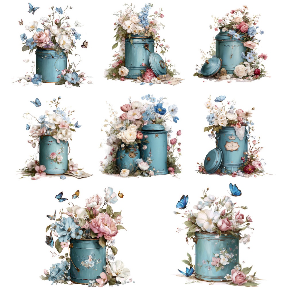 【商用利用OK】花あふれるヴィンテージ缶イラストPNG|水彩シャビーシック素材・カントリー雑貨