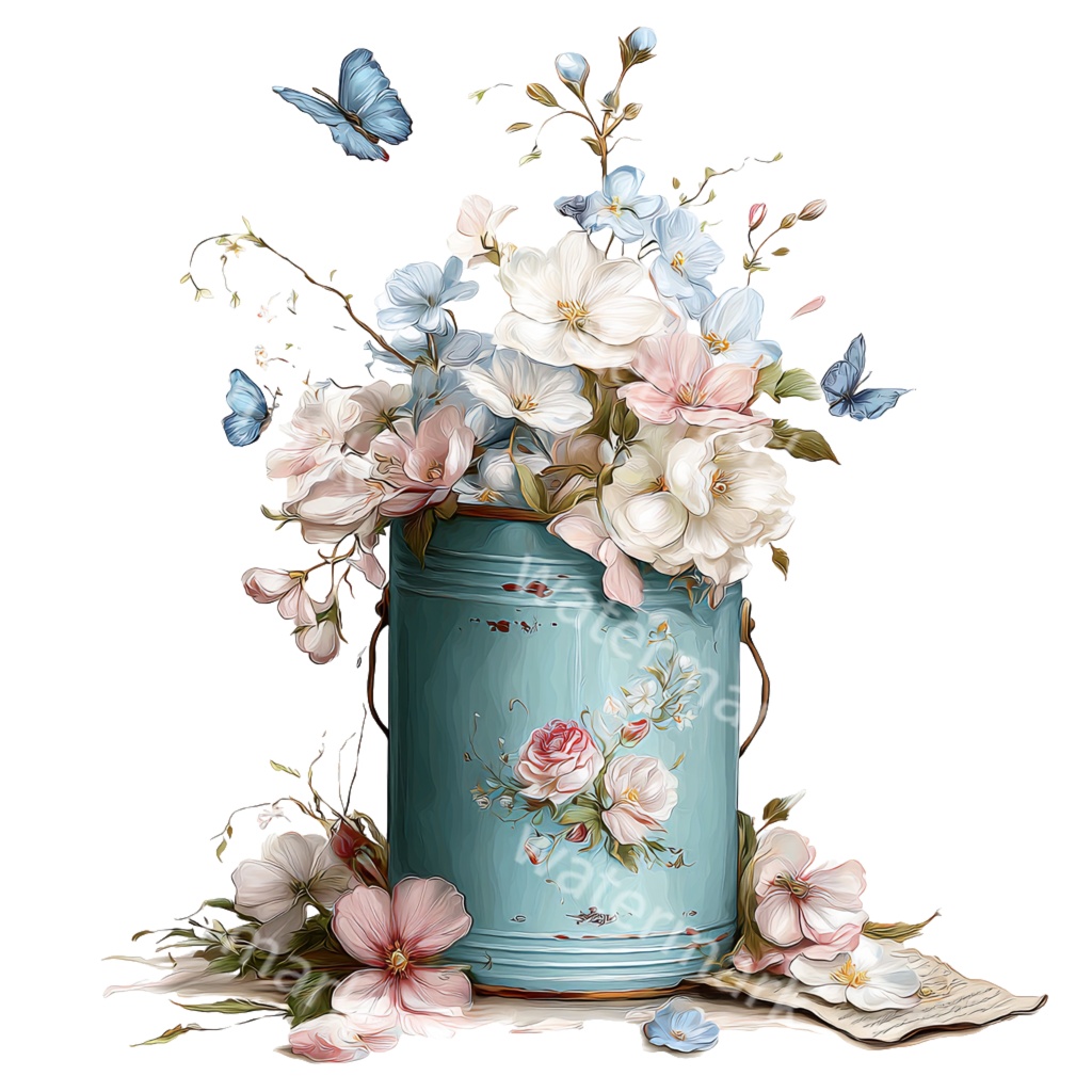 【商用利用OK】花あふれるヴィンテージ缶イラストPNG|水彩シャビーシック素材・カントリー雑貨
