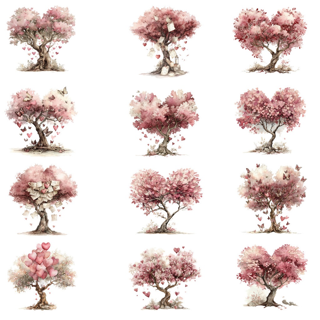 【商用利用OK】ハートの花が咲くラブツリークリップアートPNG20点セット|水彩バレンタイン素材・ジャンクジャーナル向け
