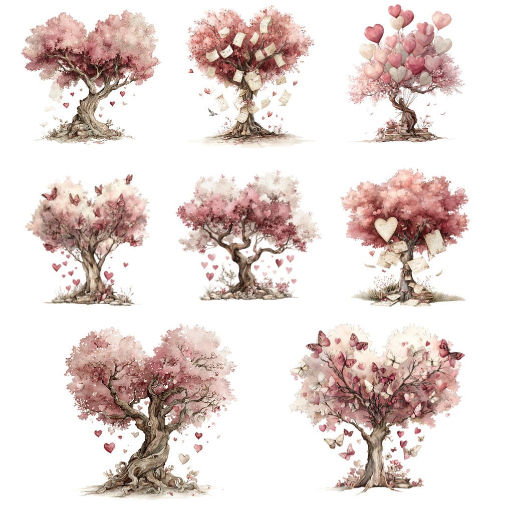 【商用利用OK】ハートの花が咲くラブツリークリップアートPNG20点セット|水彩バレンタイン素材・ジャンクジャーナル向け