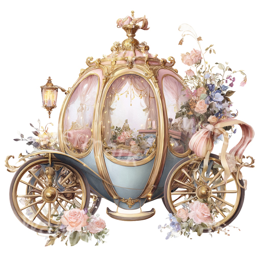 【商用利用OK】プリンセス馬車クリップアートPNG19点セット|水彩ファンタジー素材・ジャンクジャーナル向け
