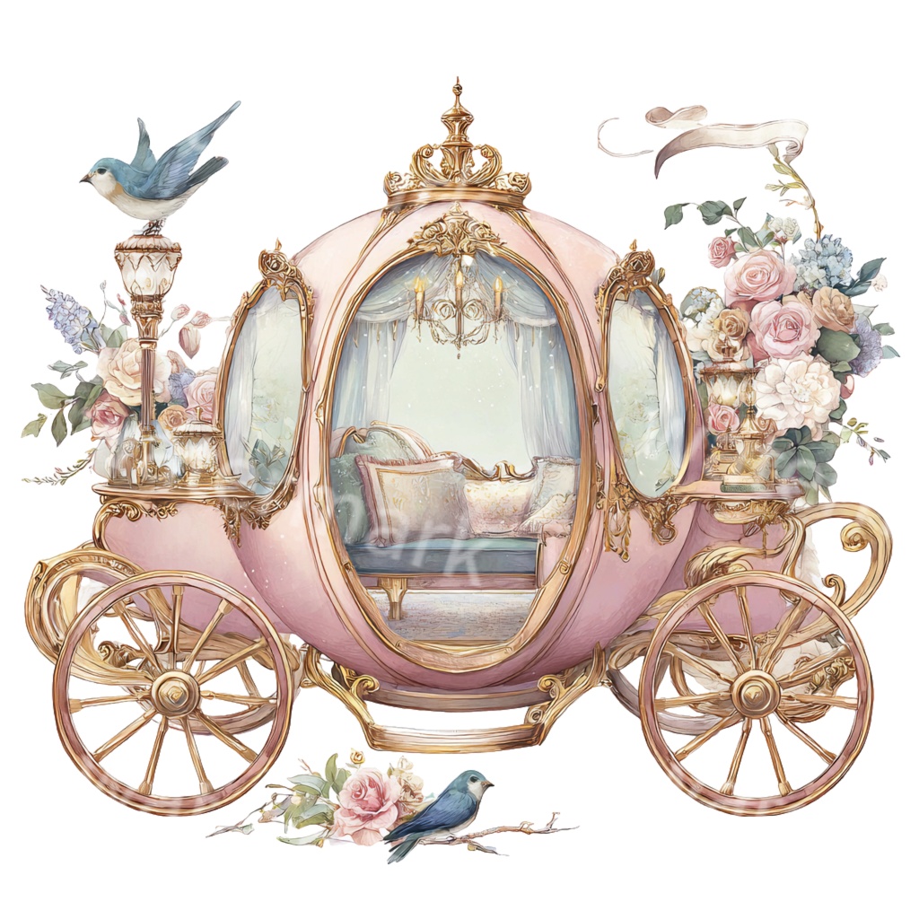 【商用利用OK】プリンセス馬車クリップアートPNG19点セット|水彩ファンタジー素材・ジャンクジャーナル向け