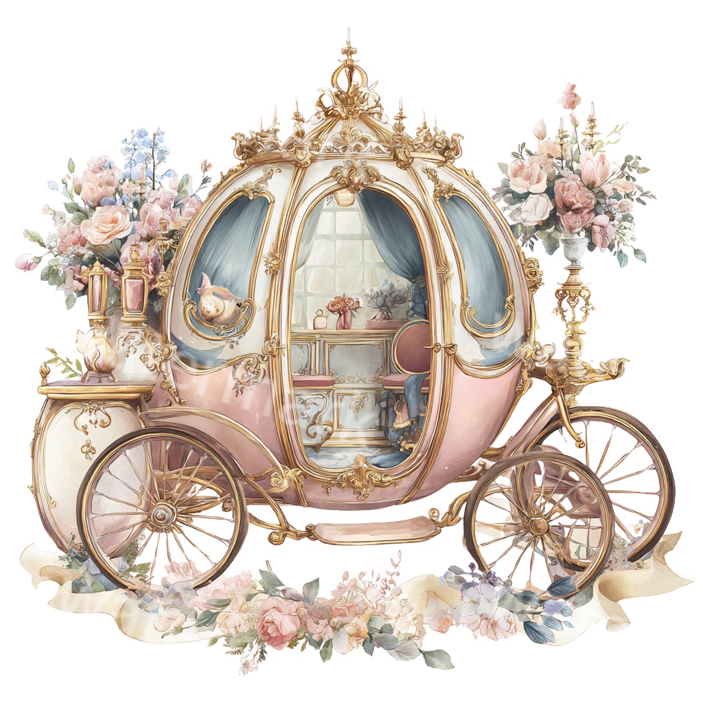 【商用利用OK】プリンセス馬車クリップアートPNG19点セット|水彩ファンタジー素材・ジャンクジャーナル向け