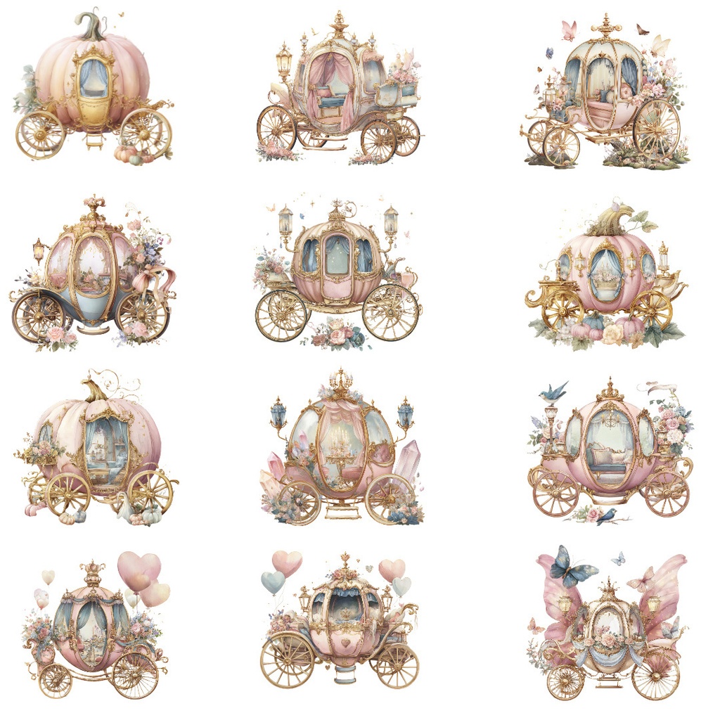 【商用利用OK】プリンセス馬車クリップアートPNG19点セット|水彩ファンタジー素材・ジャンクジャーナル向け