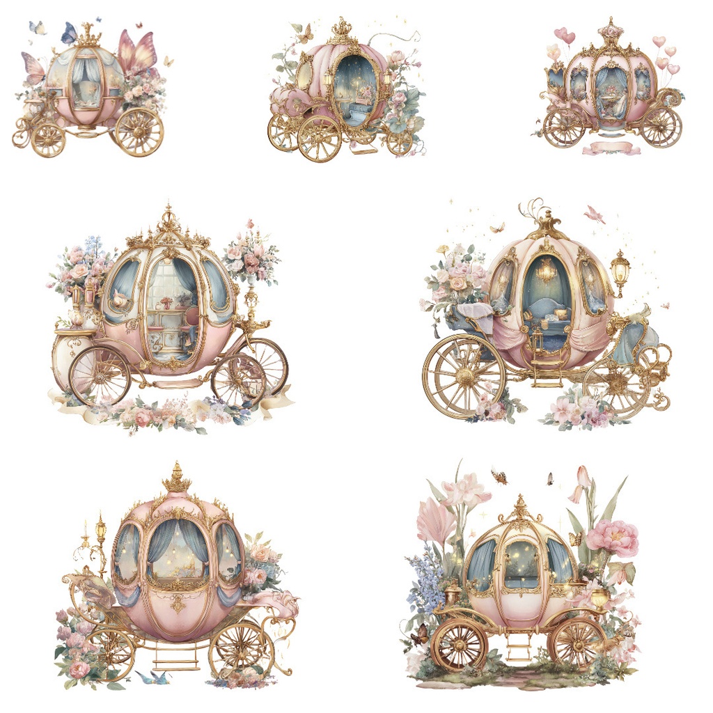 【商用利用OK】プリンセス馬車クリップアートPNG19点セット|水彩ファンタジー素材・ジャンクジャーナル向け