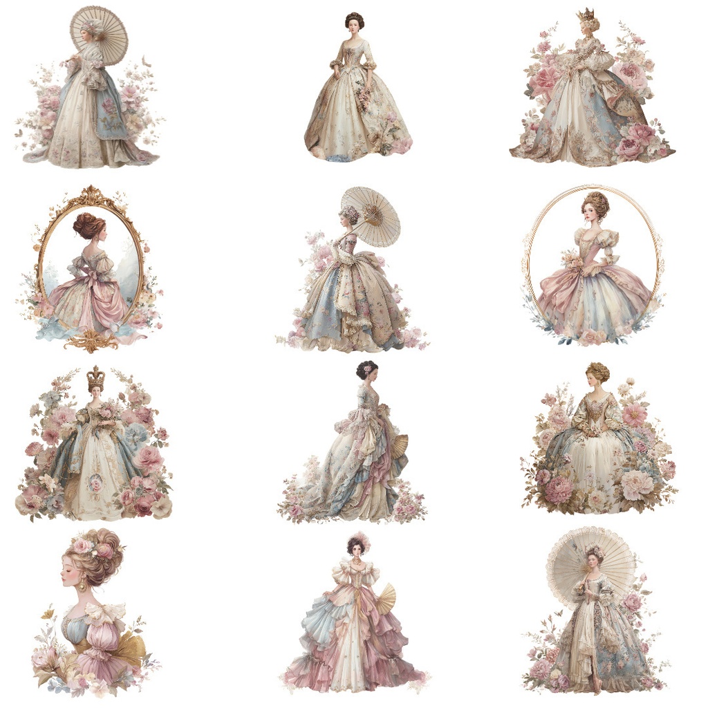 【商用利用OK】ヴィクトリアンプリンセスクリップアートPNG18点セット|水彩お姫様素材・ジャンクジャーナル向け