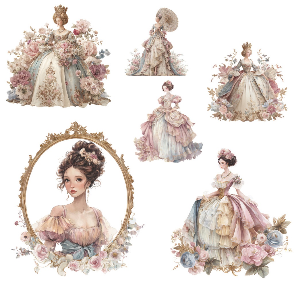 【商用利用OK】ヴィクトリアンプリンセスクリップアートPNG18点セット|水彩お姫様素材・ジャンクジャーナル向け