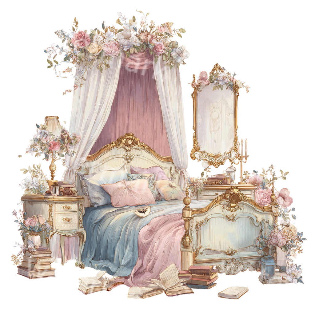 【商用利用OK】フレンチベッドクリップアートPNG20点セット|水彩アンティーク家具素材・ジャンクジャーナル向け