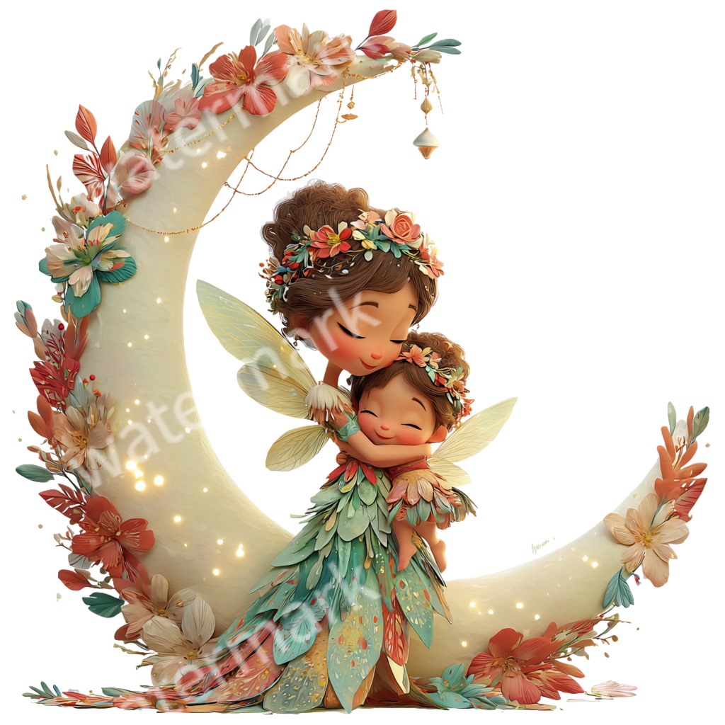 【商用利用OK】妖精ママと子どもイラストPNG26点セット|水彩メルヘン素材・コラージュ・手帳デコ向け