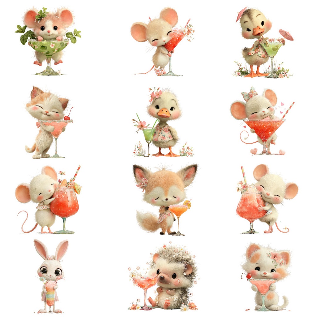 【商用利用OK】かわいいカクテル動物クリップアートPNG39点セット|水彩パステル素材・ジャンクジャーナル向け