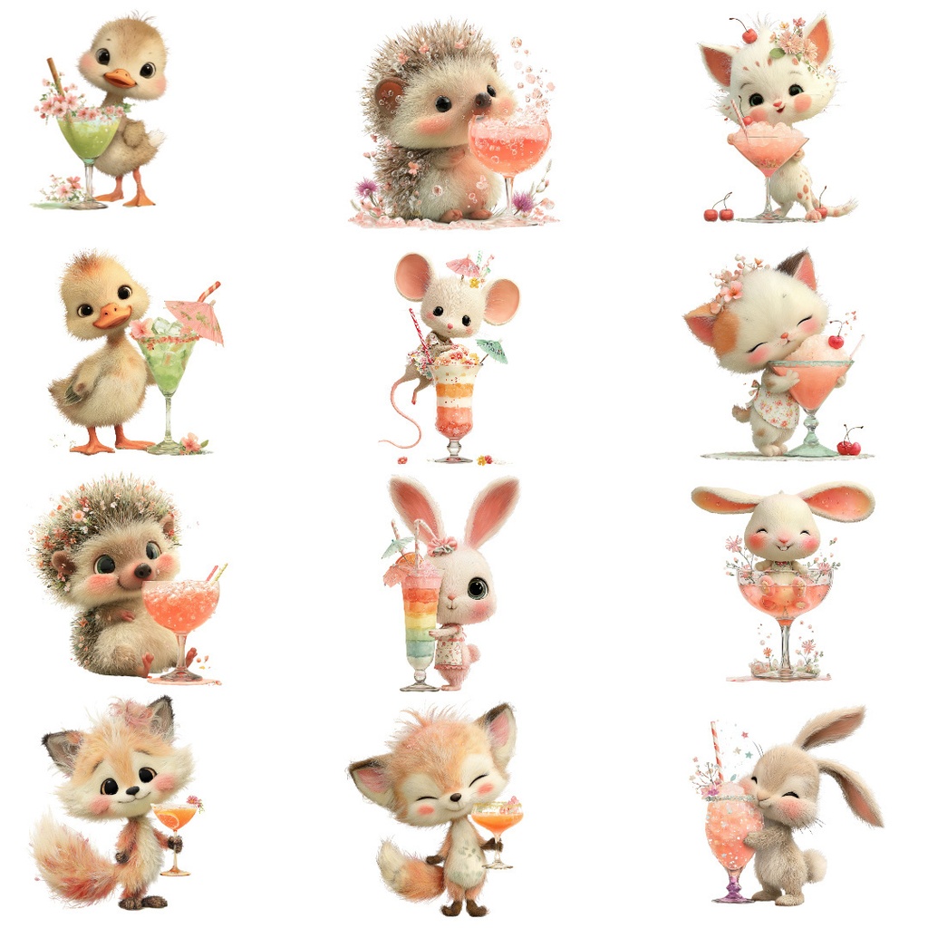 【商用利用OK】かわいいカクテル動物クリップアートPNG39点セット|水彩パステル素材・ジャンクジャーナル向け