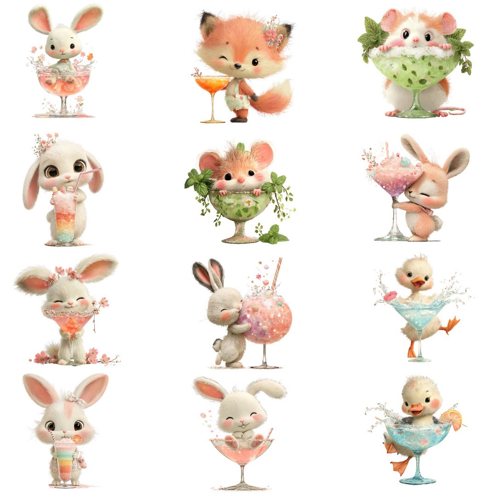 【商用利用OK】かわいいカクテル動物クリップアートPNG39点セット|水彩パステル素材・ジャンクジャーナル向け