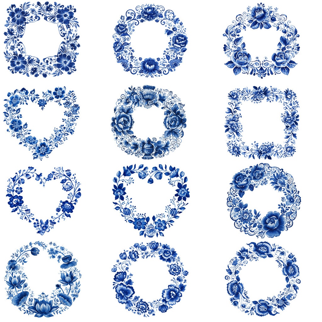 【商用利用OK】青花磁器風フラワーリースPNG|水彩ボタニカルフレーム・中国陶器デザイン素材
