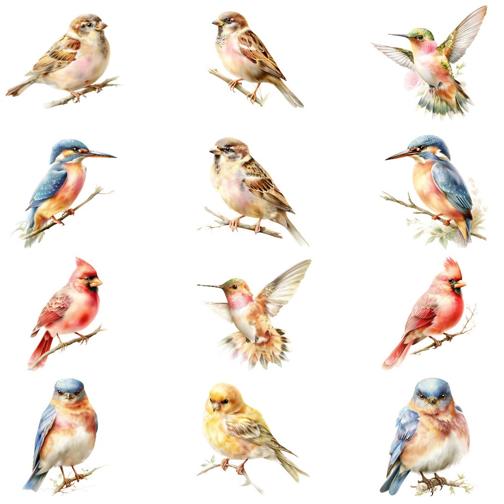 【商用利用OK】野鳥イラストPNG32点セット|水彩ボタニカル素材・ジャンクジャーナル向け