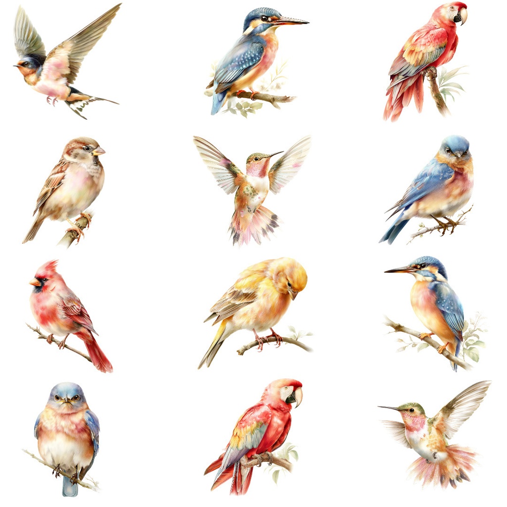 【商用利用OK】野鳥イラストPNG32点セット|水彩ボタニカル素材・ジャンクジャーナル向け
