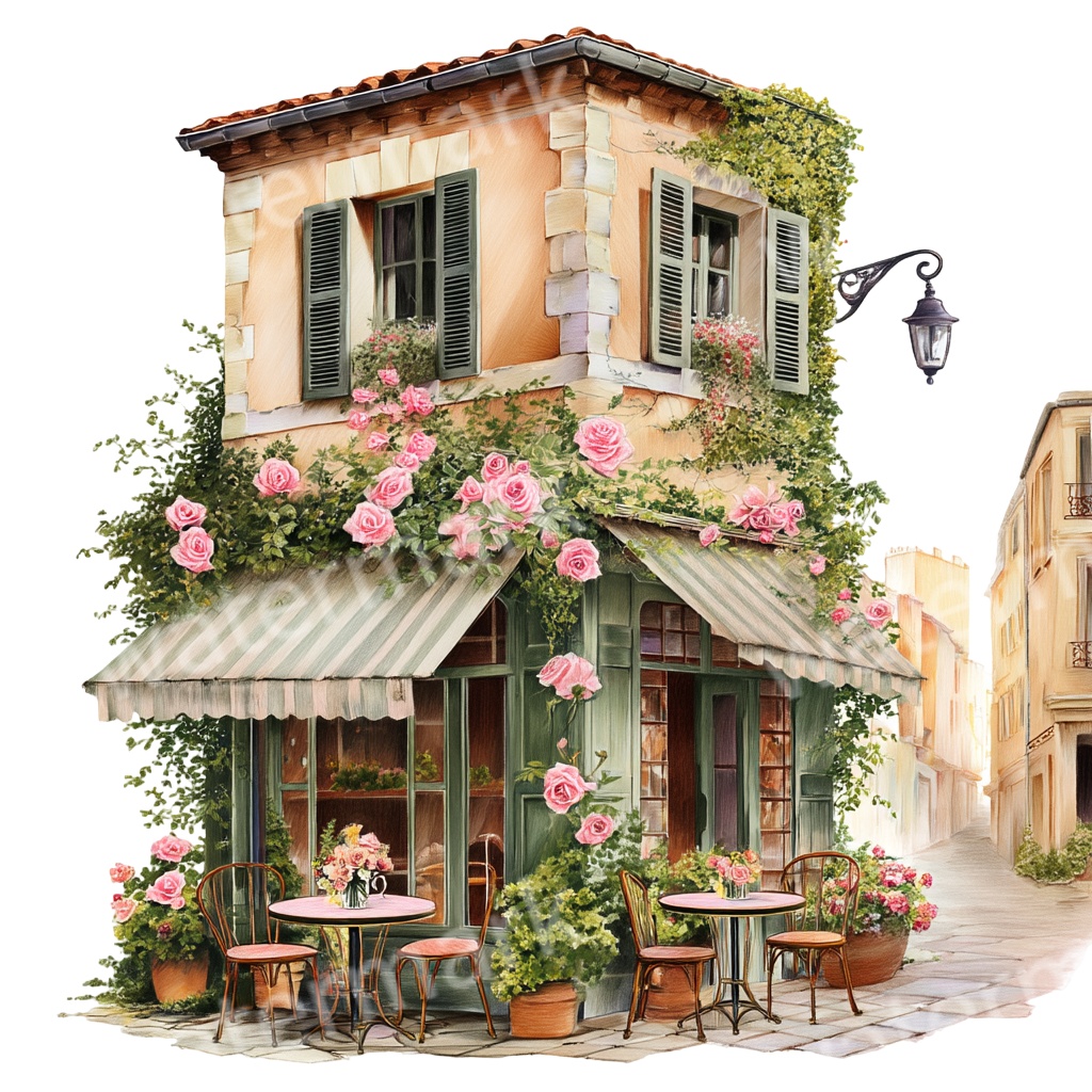 【商用利用OK】フランスの田舎町ストリートPNG|水彩ビストロ・カフェの街角イラスト素材