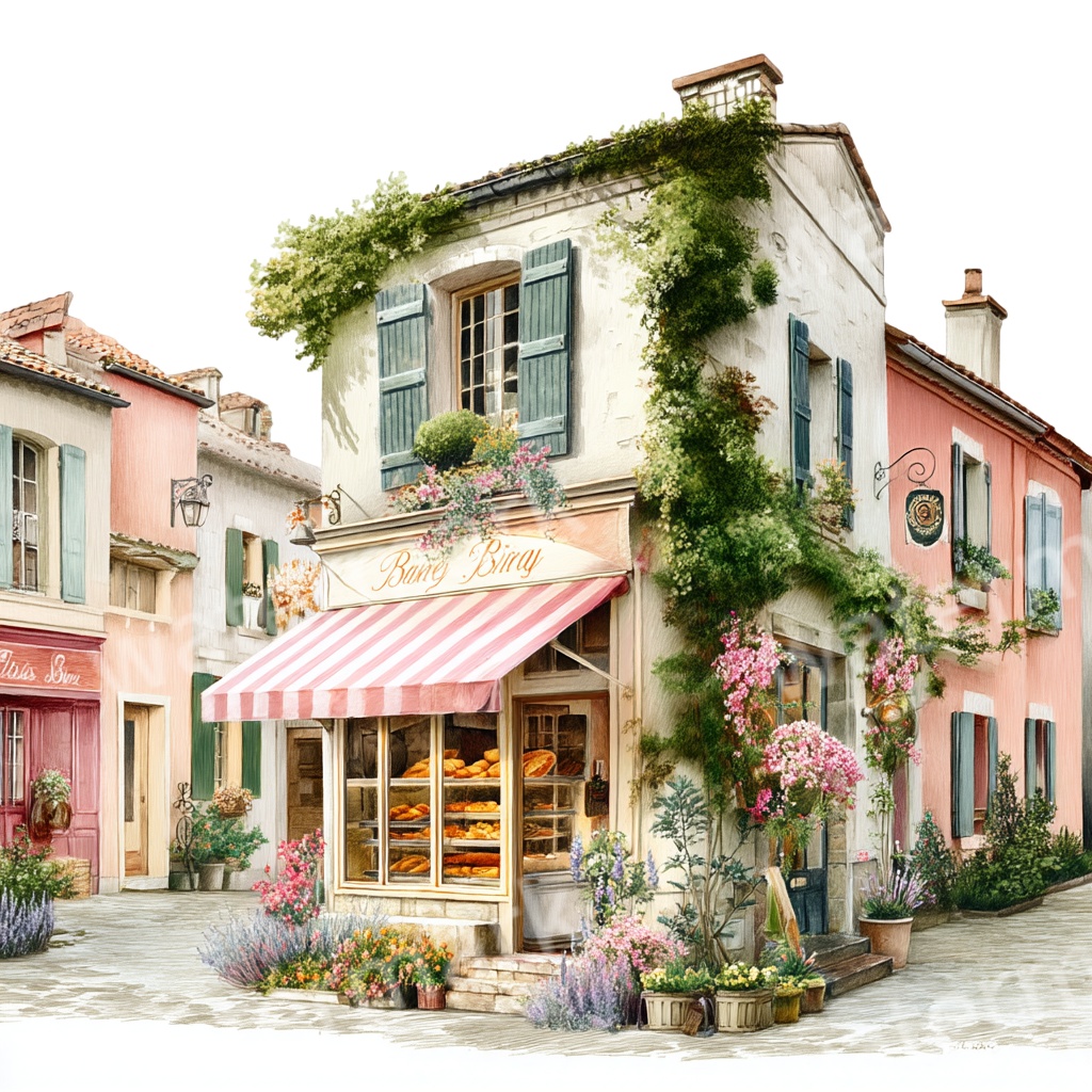 【商用利用OK】フランスの田舎町ストリートPNG|水彩ビストロ・カフェの街角イラスト素材