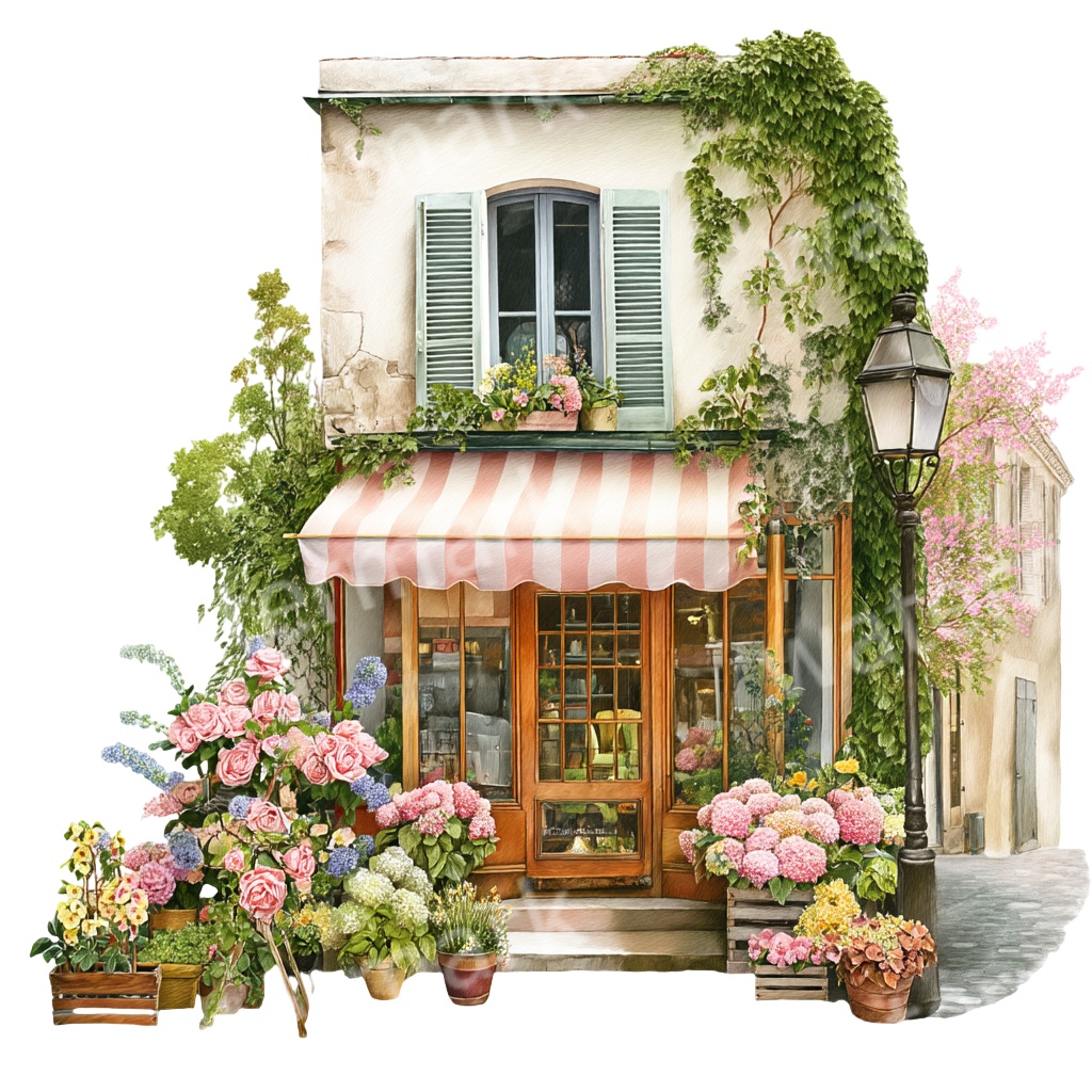 【商用利用OK】フランスの田舎町ストリートPNG|水彩ビストロ・カフェの街角イラスト素材