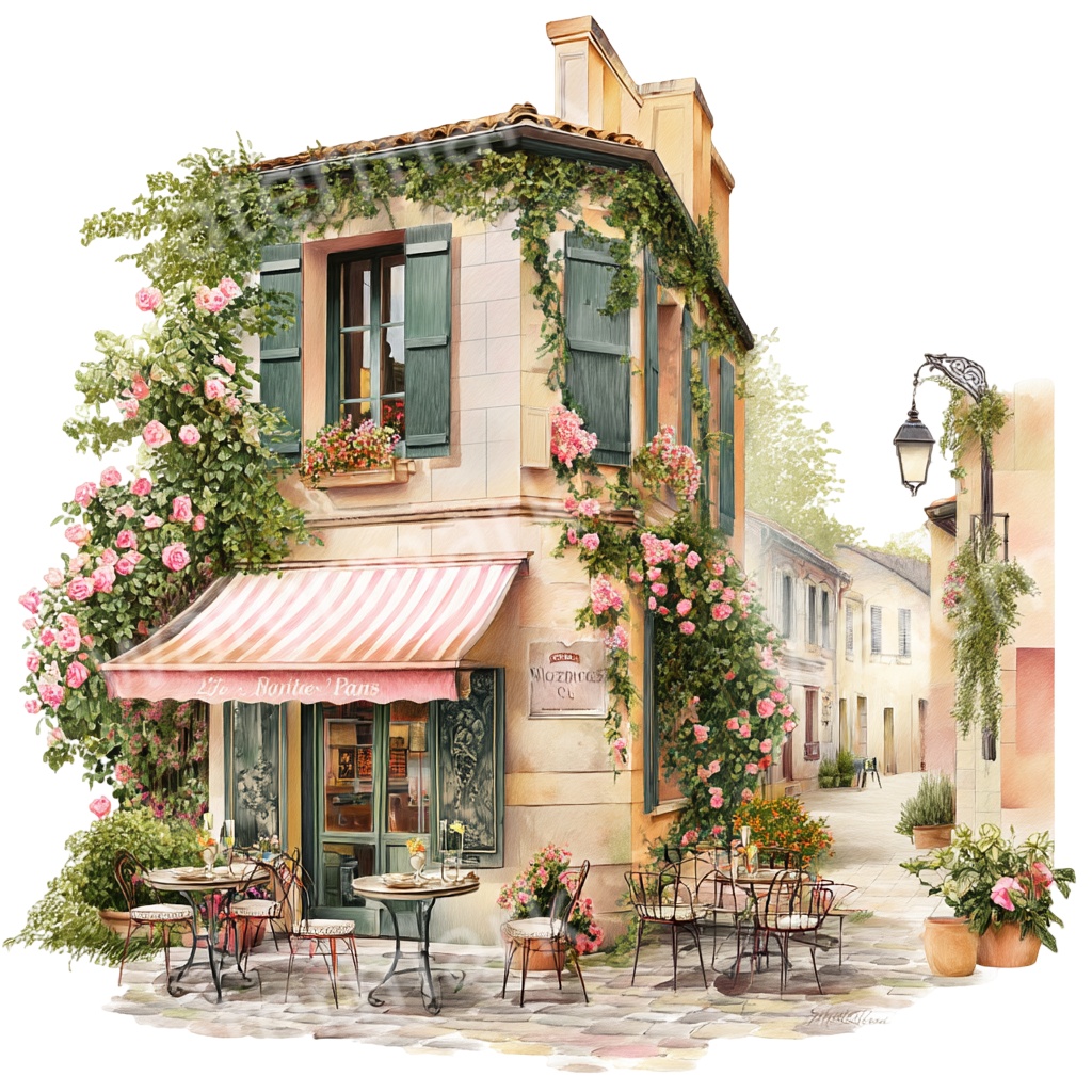 【商用利用OK】フランスの田舎町ストリートPNG|水彩ビストロ・カフェの街角イラスト素材