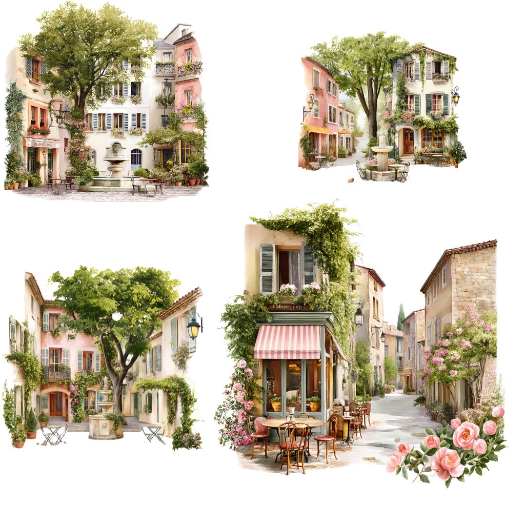 【商用利用OK】フランスの田舎町ストリートPNG|水彩ビストロ・カフェの街角イラスト素材