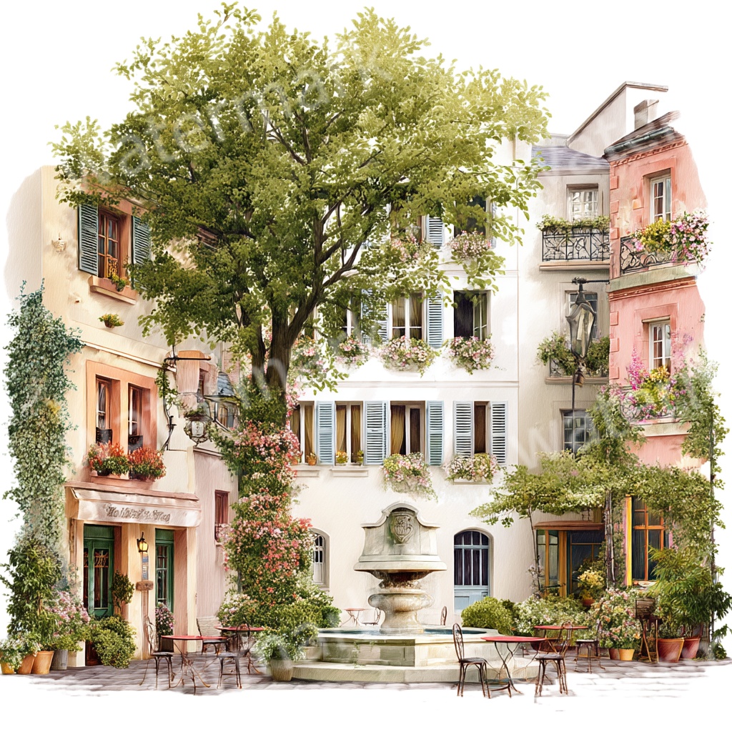 【商用利用OK】フランスの田舎町ストリートPNG|水彩ビストロ・カフェの街角イラスト素材