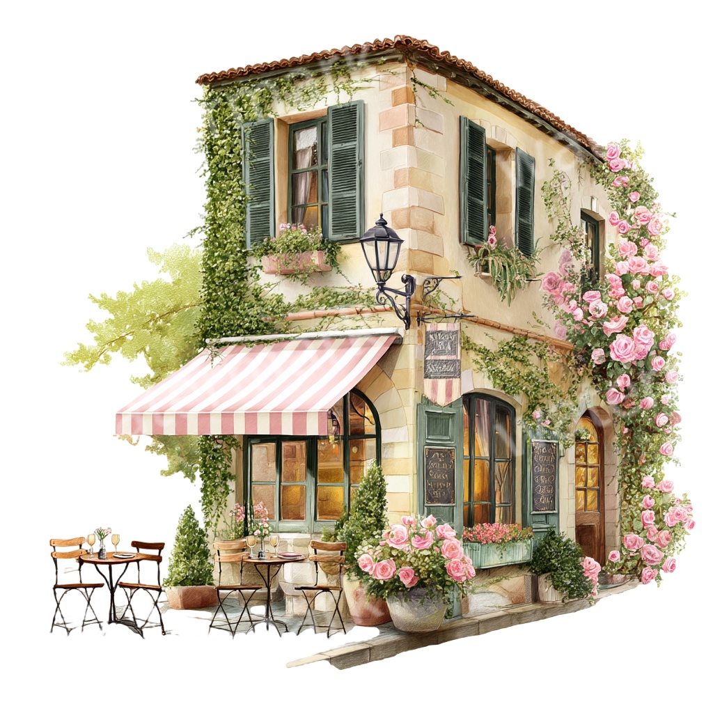 【商用利用OK】フランスの田舎町ストリートPNG|水彩ビストロ・カフェの街角イラスト素材