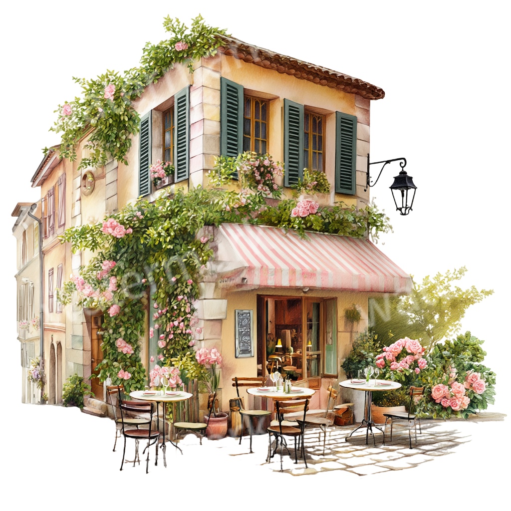 【商用利用OK】フランスの田舎町ストリートPNG｜水彩ビストロ・カフェの街角イラスト素材