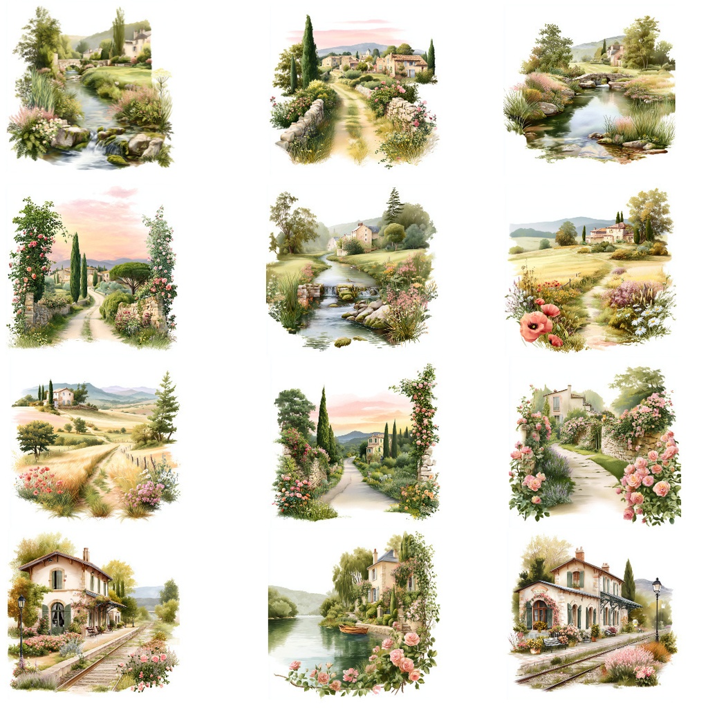 【商用利用OK】フレンチカントリークリップアートJPG40点セット|水彩フランス田園風景・村の街並み素材