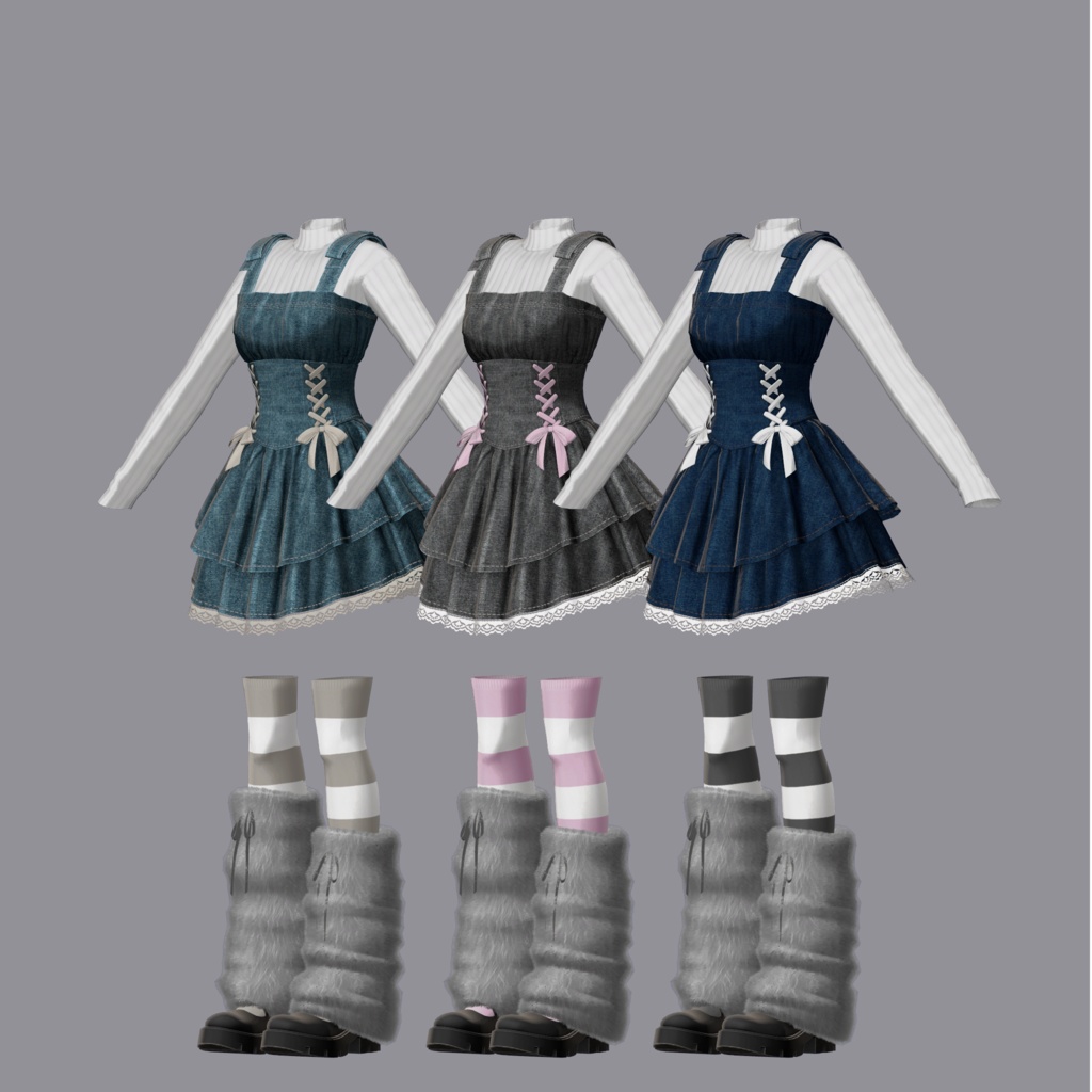 【衣装】フリルデニムワンピ(連翹・リディv2・珀葵・ちよv2対応)【FBX】
