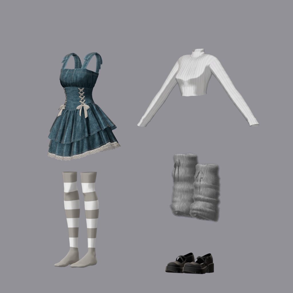 【衣装】フリルデニムワンピ(連翹・リディv2・珀葵・ちよv2対応)【FBX】