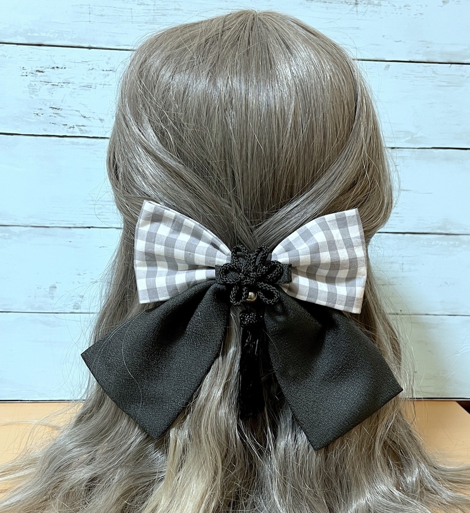 ギンガムチェックリボンバレッタとチャイナクリップのヘアアクセサリーセット