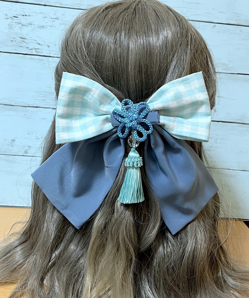 ギンガムチェックリボンバレッタとチャイナクリップのヘアアクセサリーセット