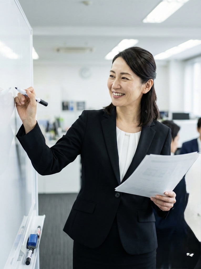 ホワイトボードに書きながら満面の笑みで振り返る40代部長