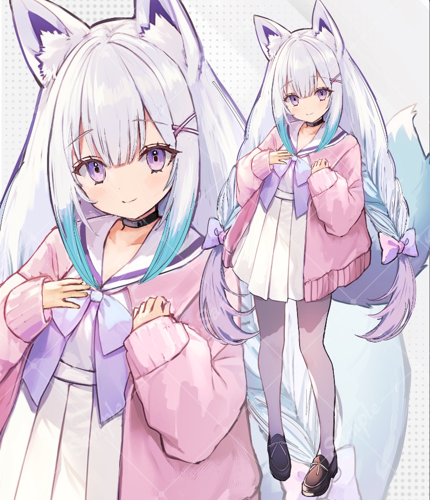 【立ち絵素材】少女_制服_白髪_女性_狐耳