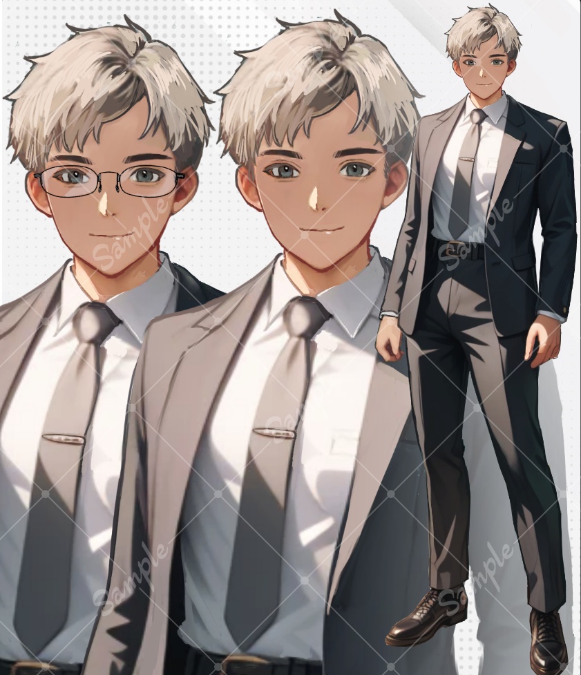 【立ち絵素材】青年_スーツ_白髪_男性_メガネ