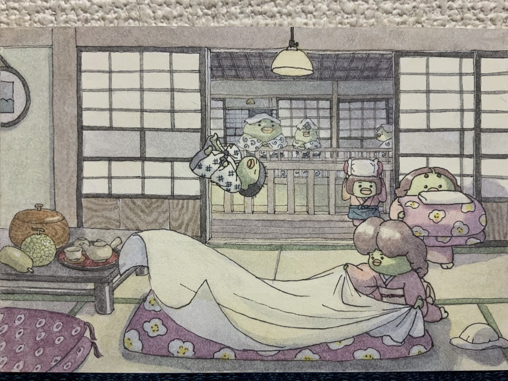 「お布団敷き」原画　ポストカードサイズ