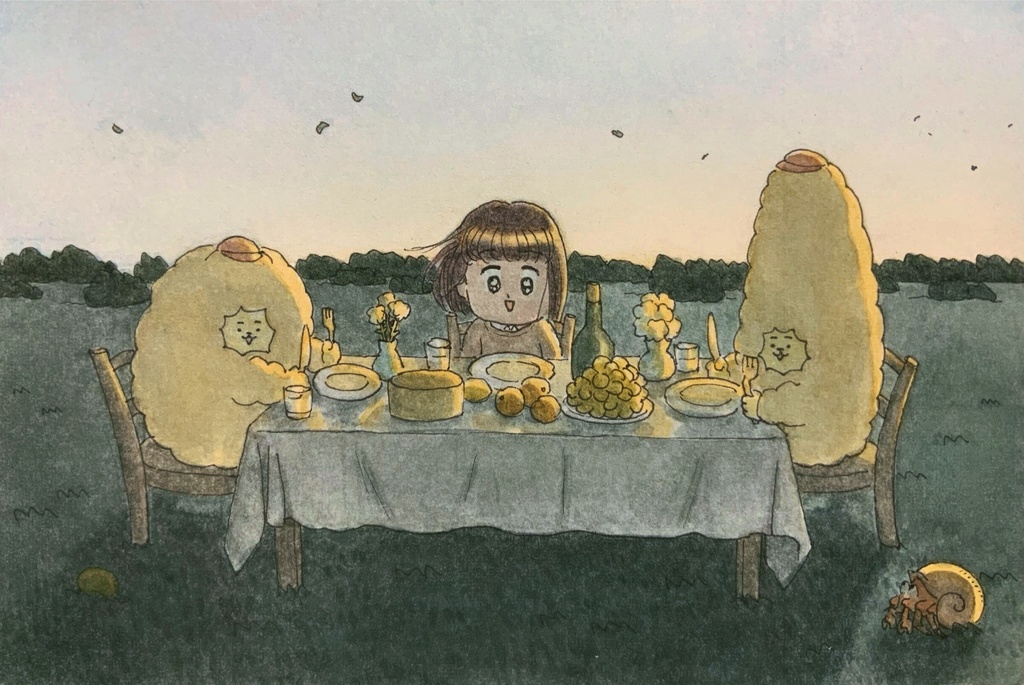 お取り置き品、原画「夕食会」「ほうじ茶ソフト」