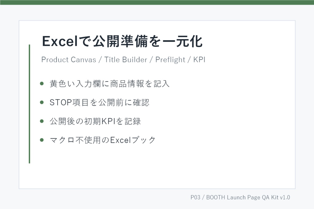 BOOTH商品ページ改善・公開前QAキット v1.0|説明文・タグ・FAQ・Readbackチェック