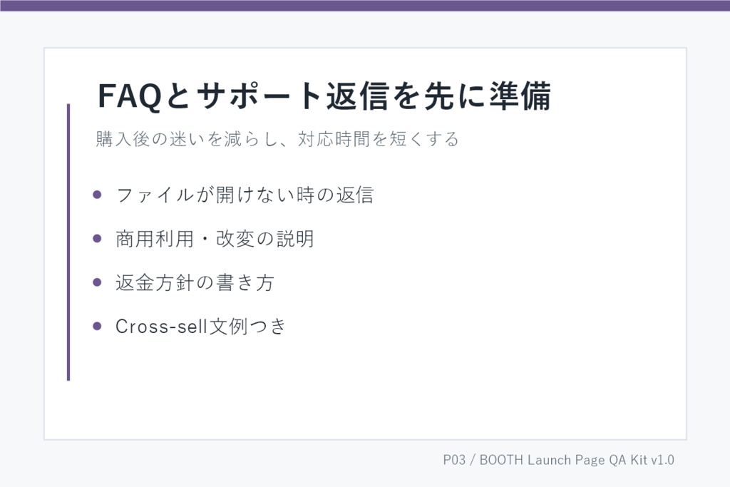 BOOTH商品ページ改善・公開前QAキット v1.0|説明文・タグ・FAQ・Readbackチェック